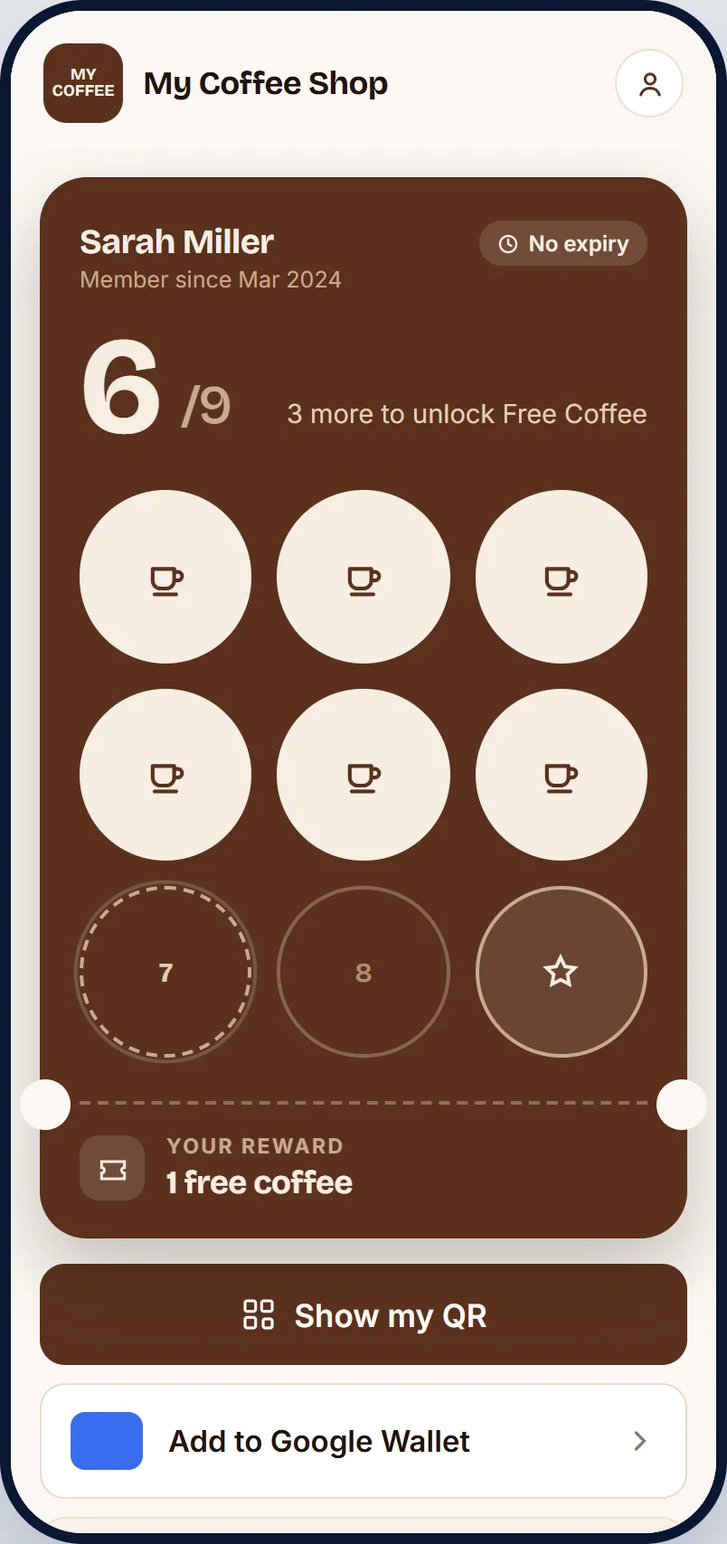 A customer's MoreClub digital loyalty card