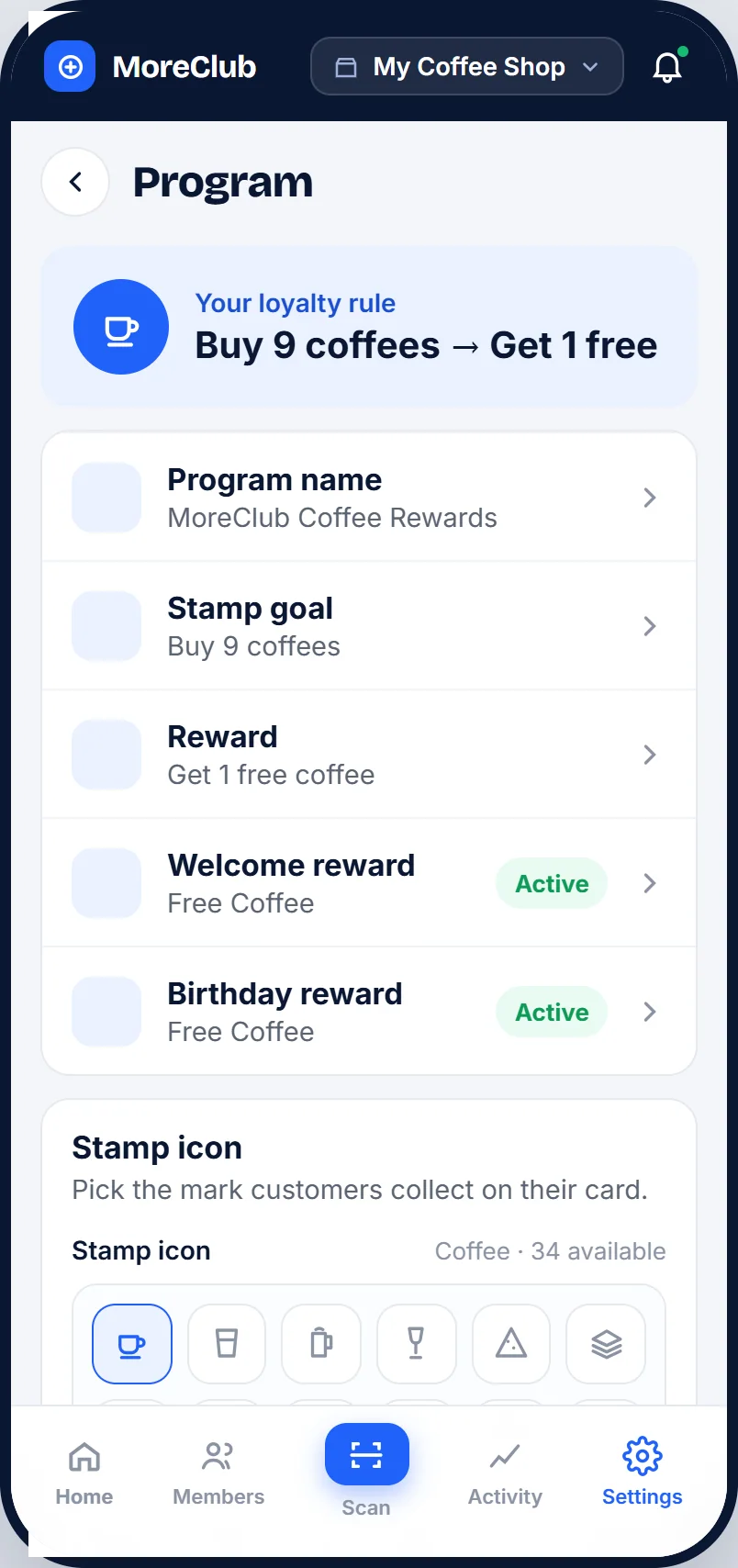 Configuring a loyalty program in MoreClub