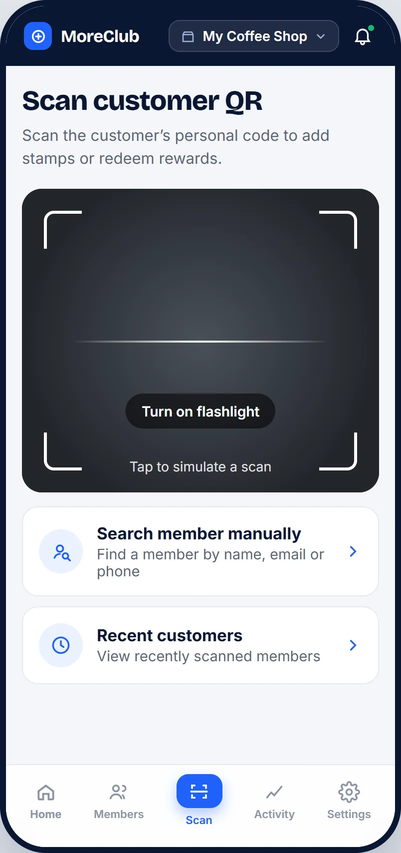 Scanning a customer QR code in MoreClub